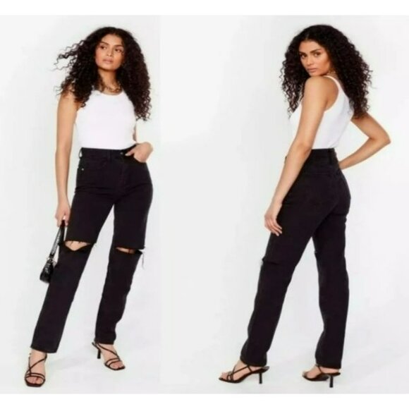 Nasty Gal Jeans NWT! Strike a Pose Distressed High Rise Mom US Size 10 Black - Picture 1 of 12